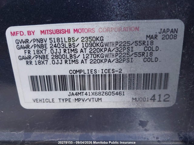 20278155 :رقم المزاد ، JA4MT41X68Z605461 vin ، 2008 Mitsubishi Outlander Xls مزاد بيع
