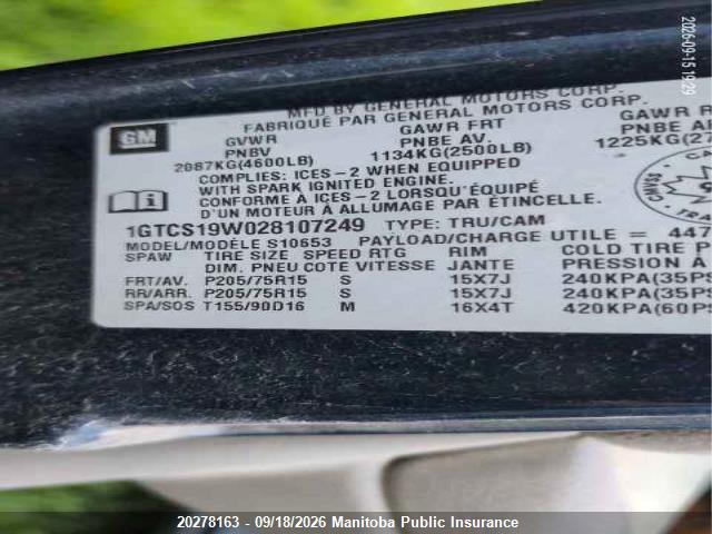 Aukcja sprzedaży 2002 Gmc Sonoma Ext Cab, vin: 1GTCS19W028107249, numer aukcji: 20278163