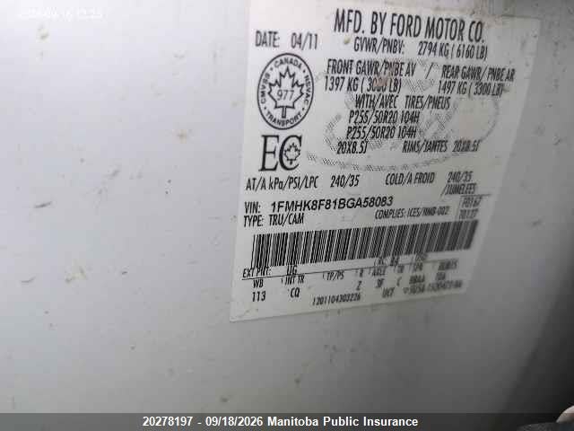 Продаж на аукціоні авто 2011 Ford Explorer Limited, vin: 1FMHK8F81BGA58083, номер лоту: 20278197