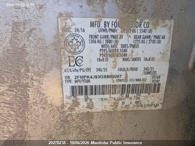 20278238 :رقم المزاد ، 2FMPK4J93GBB69267 vin ، 2016 Ford Edge Sel مزاد بيع