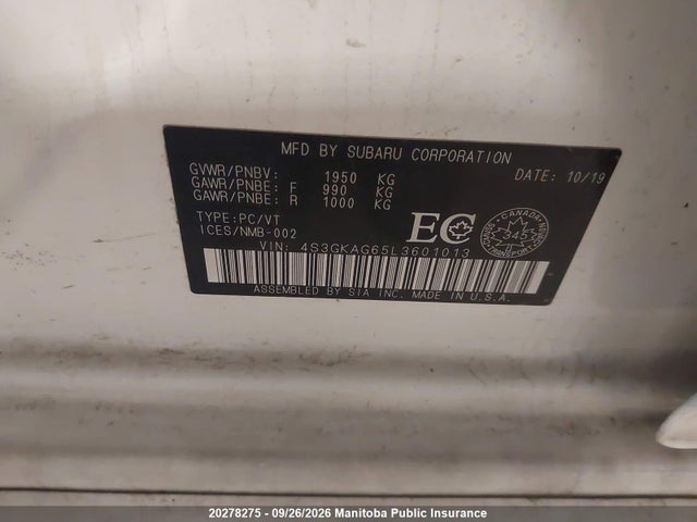 20278275 :رقم المزاد ، 4S3GKAG65L3601013 vin ، 2020 Subaru Impreza 2.0i Sport مزاد بيع