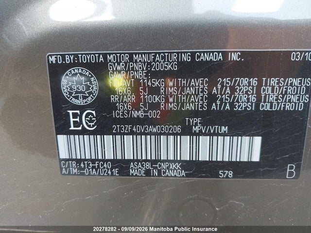 20278282 :رقم المزاد ، 2T3ZF4DV3AW030206 vin ، 2010 Toyota Rav4 مزاد بيع