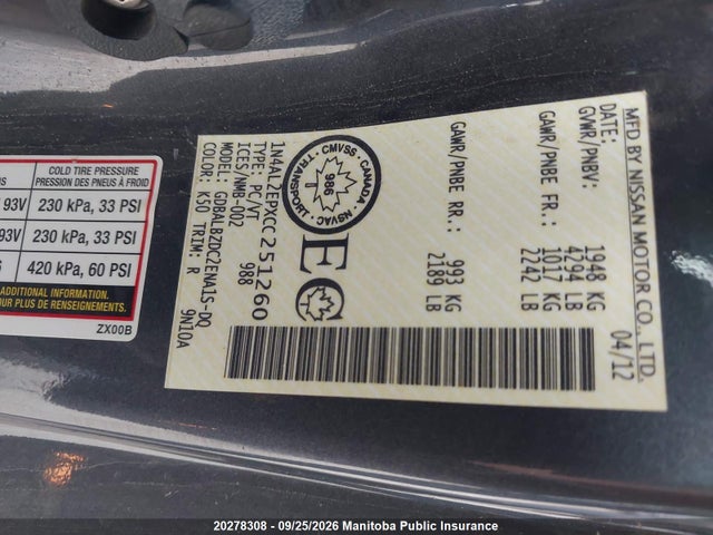 Aukcja sprzedaży 2012 Nissan Altima 2.5 S, vin: 1N4AL2EPXCC251260, numer aukcji: 20278308