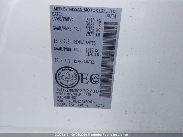 Aukcja sprzedaży 2014 Nissan Pathfinder Sl, vin: 5N1AR2MM7EC732730, numer aukcji: 20278313
