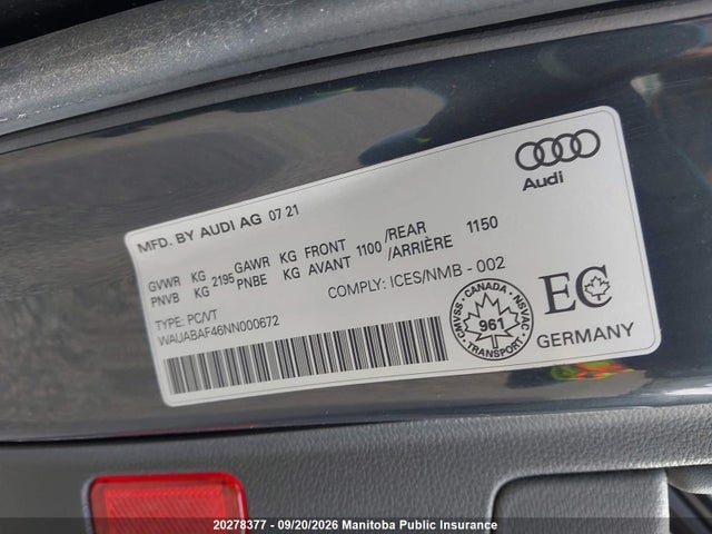 20278377 :رقم المزاد ، WAUABAF46NN000672 vin ، 2022 Audi A4 Komfort 40 2.0 Tfsi Quattro مزاد بيع