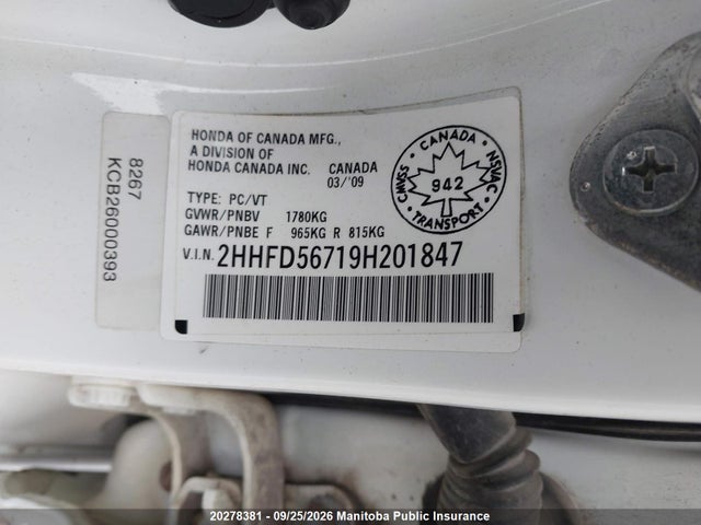 Aukcja sprzedaży 2009 Acura Csx, vin: 2HHFD56719H201847, numer aukcji: 20278381