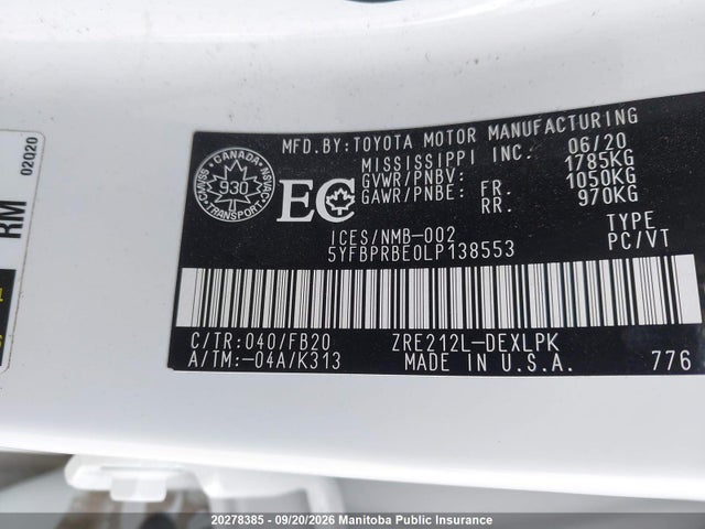 Продаж на аукціоні авто 2020 Toyota Corolla Le, vin: 5YFBPRBE0LP138553, номер лоту: 20278385