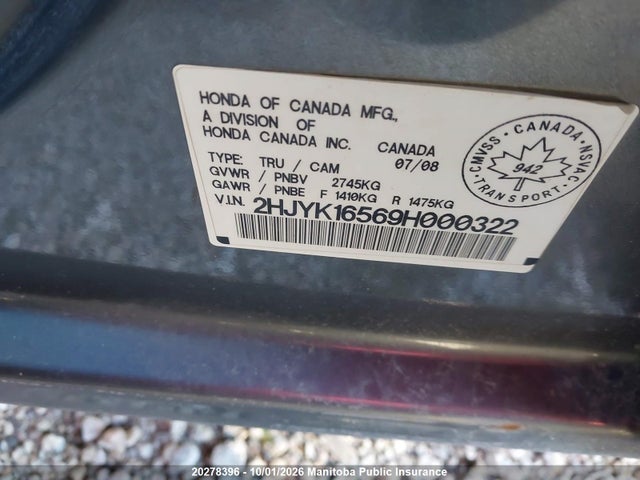 Aukcja sprzedaży 2009 Honda Ridgeline Rtl, vin: 2HJYK16569H000322, numer aukcji: 20278396