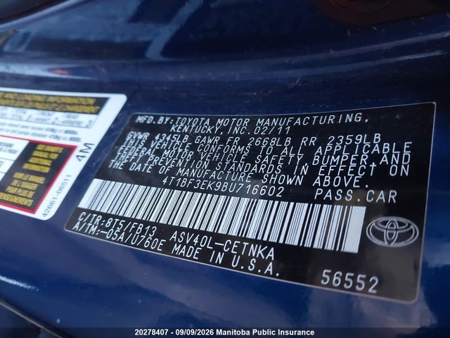 20278407 :رقم المزاد ، 4T1BF3EK9BU716602 vin ، 2011 Toyota Camry Le مزاد بيع