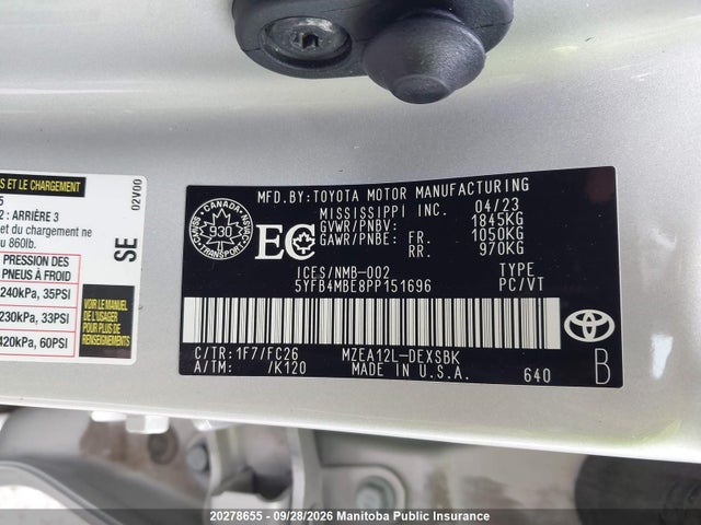 Aukcja sprzedaży 2023 Toyota Corolla Se, vin: 5YFB4MBE8PP151696, numer aukcji: 20278655