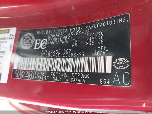 2009 Toyota Corolla Ce მანქანა იყიდება აუქციონზე, vin: 2T1BU40E19C088723, აუქციონის ნომერი: 20278667