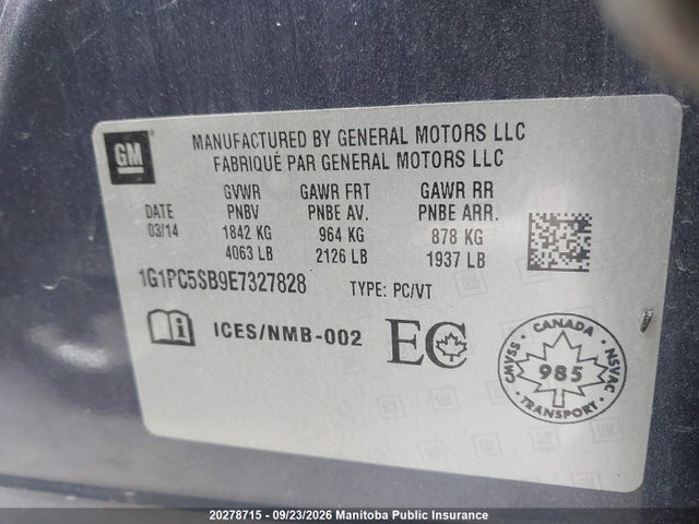 2014 Chevrolet Cruze Lt Turbo მანქანა იყიდება აუქციონზე, vin: 1G1PC5SB9E7327828, აუქციონის ნომერი: 20278715