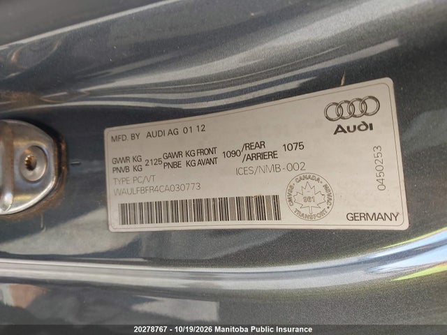 Продаж на аукціоні авто 2012 Audi A5 2.0t Quattro, vin: WAULFBFR4CA030773, номер лоту: 20278767