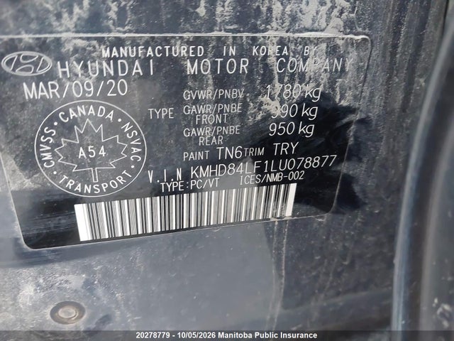 Продаж на аукціоні авто 2020 Hyundai Elantra Preferred, vin: KMHD84LF1LU078877, номер лоту: 20278779