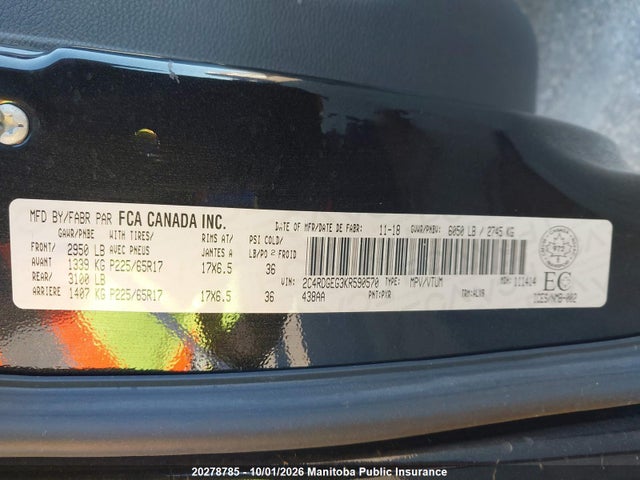 20278785 :رقم المزاد ، 2C4RDGEG3KR590570 vin ، 2019 Dodge Grand Caravan Gt مزاد بيع