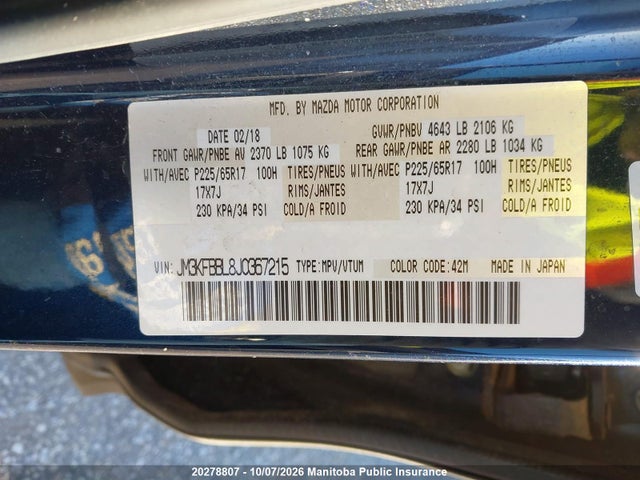 20278807 :رقم المزاد ، JM3KFBBL8J0367215 vin ، 2018 Mazda Cx-5 Gx مزاد بيع