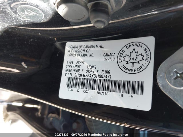 Aukcja sprzedaży 2013 Honda Civic Lx, vin: 2HGFB2F4XDH007471, numer aukcji: 20278833