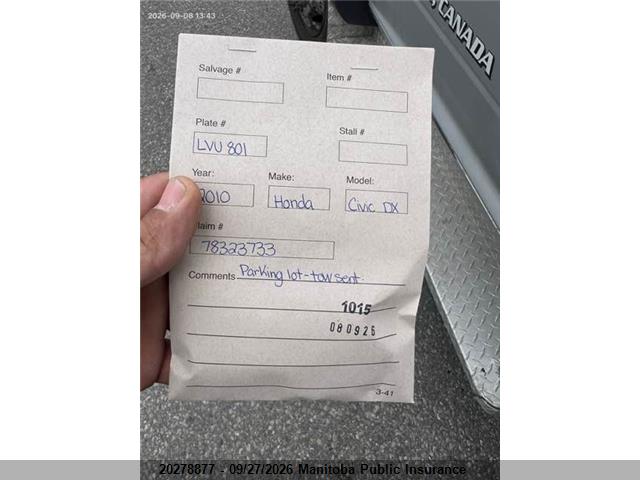 2010 Honda Civic Dx მანქანა იყიდება აუქციონზე, vin: 2HGFG1B35AH000447, აუქციონის ნომერი: 20278877