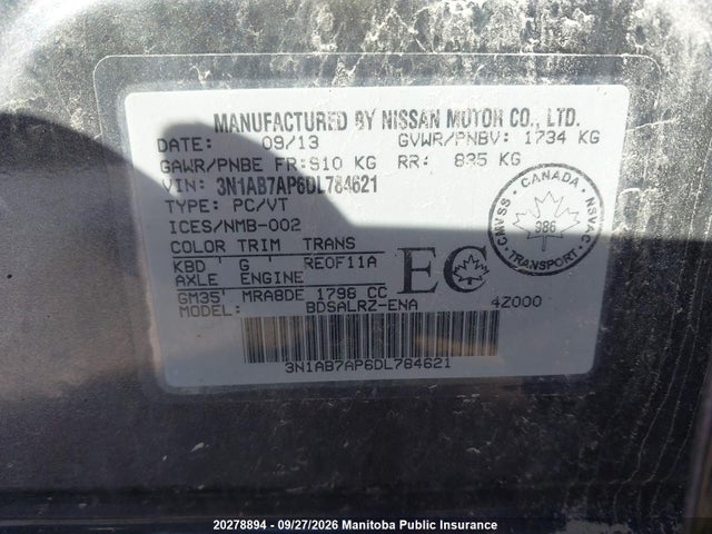 Продажа на аукционе авто 2013 Nissan Sentra 1.8 Sr, vin: 3N1AB7AP6DL784621, номер лота: 20278894