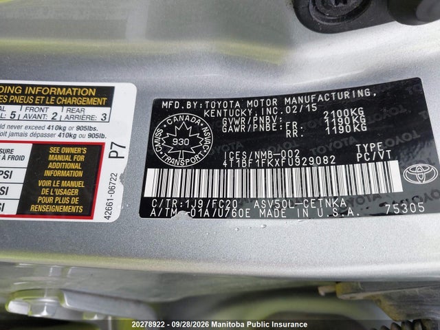 2015 Toyota Camry Le მანქანა იყიდება აუქციონზე, vin: 4T1BF1FKXFU929082, აუქციონის ნომერი: 20278922