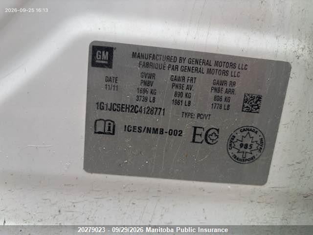 Auction sale of the 2012 Chevrolet Sonic Lt, vin: 1G1JC5EH2C4128771, lot number: 20279023