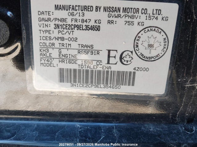 3N1CE2CP9EL354650 Nissan Versa Note Sl