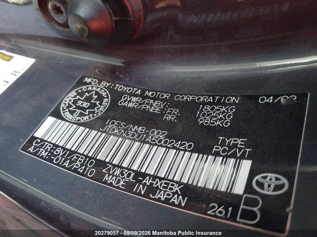 20279057 :رقم المزاد ، JTDKN3DU1A5002420 vin ، 2010 Toyota Prius مزاد بيع