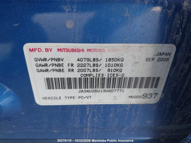 20279110 :رقم المزاد ، JA3AU26U19U607771 vin ، 2009 Mitsubishi Lancer Se مزاد بيع