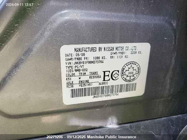 20279206 :رقم المزاد ، JNKBV61F98M273764 vin ، 2008 Infiniti G35x Premium مزاد بيع