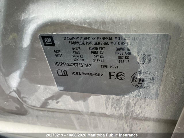 Продаж на аукціоні авто 2012 Chevrolet Cruze Lt Turbo, vin: 1G1PF5SC2C7157163, номер лоту: 20279219