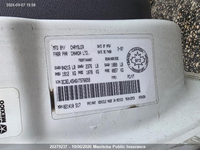 20279237 :رقم المزاد ، 3C3EL45H6VT576659 vin ، 1997 Chrysler Sebring Jx مزاد بيع