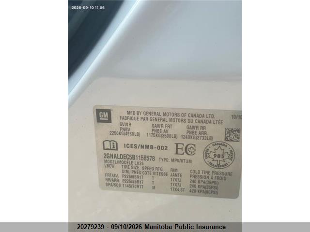 20279239 :رقم المزاد ، 2GNALDEC5B1158578 vin ، 2011 Chevrolet Equinox Lt مزاد بيع