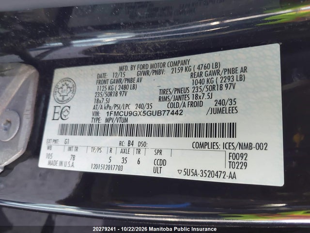Ford ESCAPE SE 2016 1FMCU9GX5GUB77442 Image 9
