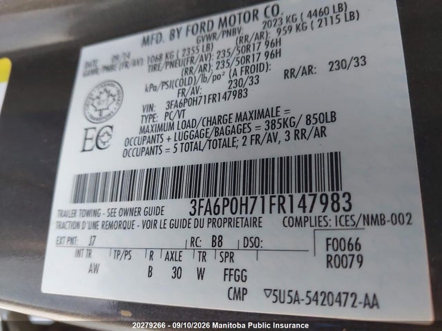 Ford FUSION S 2015 3FA6P0H71FR147983 Image 9