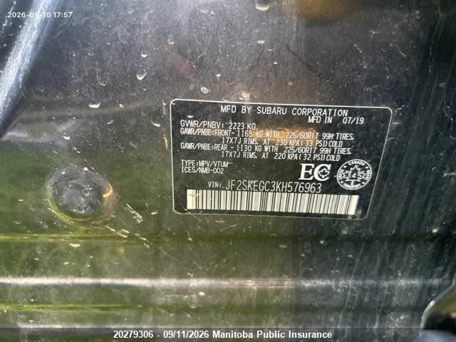 20279306 :رقم المزاد ، JF2SKEGC3KH576963 vin ، 2019 Subaru Forester 2.5i Touring مزاد بيع