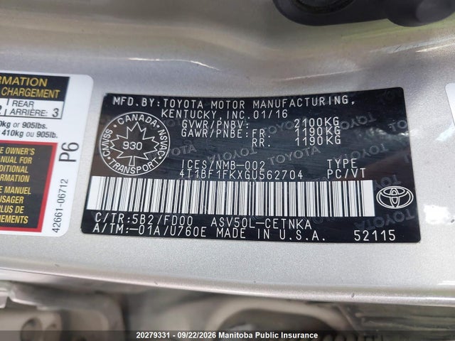 Aukcja sprzedaży 2016 Toyota Camry Le, vin: 4T1BF1FKXGU562704, numer aukcji: 20279331