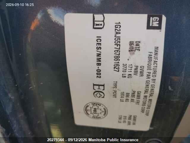 20279344 :رقم المزاد ، 1G2AJ55F767861627 vin ، 2006 Pontiac G5 Pursuit مزاد بيع