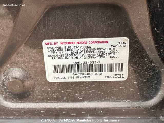 Продажа на аукционе авто 2012 Mitsubishi Outlander Ls, vin: JA4JT3AX4CU610032, номер лота: 20279356
