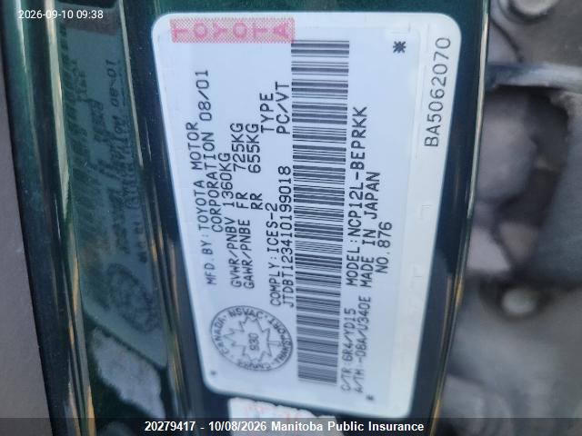 Aukcja sprzedaży 2001 Toyota Echo, vin: JTDBT123410199018, numer aukcji: 20279417