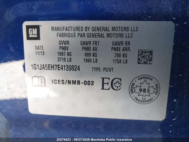 20279423 :رقم المزاد ، 1G1JA5EH7E4139824 vin ، 2014 Chevrolet Sonic Ls مزاد بيع