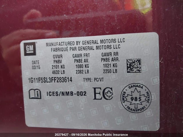 20279427 :رقم المزاد ، 1G11F5SL3FF283614 vin ، 2015 Chevrolet Malibu Ltz مزاد بيع