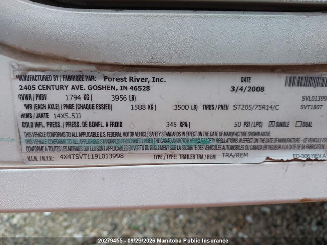 2009 Camper Trailer Forest River მანქანა იყიდება აუქციონზე, vin: 4X4TSVT119L013998, აუქციონის ნომერი: 20279455