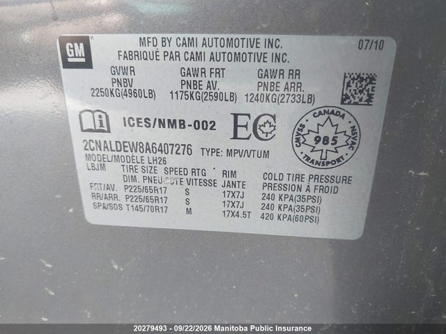 Aukcja sprzedaży 2010 Chevrolet Equinox Lt, vin: 2CNALDEW8A6407276, numer aukcji: 20279493