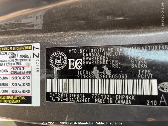 20279516 :رقم المزاد ، 2T1KR32E26C605063 vin ، 2006 Toyota Matrix Xr مزاد بيع