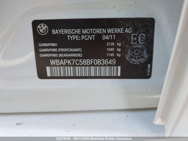 20279538 :رقم المزاد ، WBAPK7C58BF083649 vin ، 2011 Bmw 328xi مزاد بيع