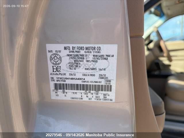 2008 Ford Escape Limited V6 მანქანა იყიდება აუქციონზე, vin: 1FMCU94148KA40814, აუქციონის ნომერი: 20279546