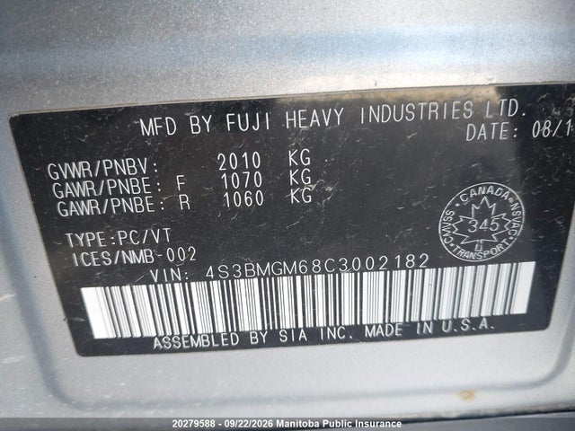 Auction sale of the 2012 Subaru Legacy 2.5i, vin: 4S3BMGM68C3002182, lot number: 20279588