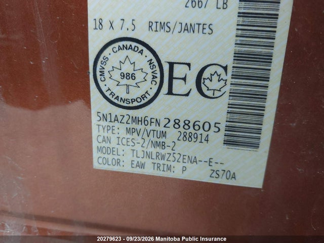 Aukcja sprzedaży 2015 Nissan Murano Sl, vin: 5N1AZ2MH6FN288605, numer aukcji: 20279623