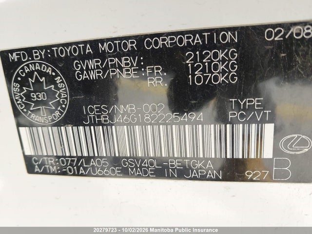 20279723 :رقم المزاد ، JTHBJ46G182225494 vin ، 2008 Lexus Es 350 350 مزاد بيع