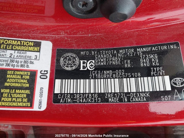 2T1BURHE8GC575108 Toyota COROLLA LE